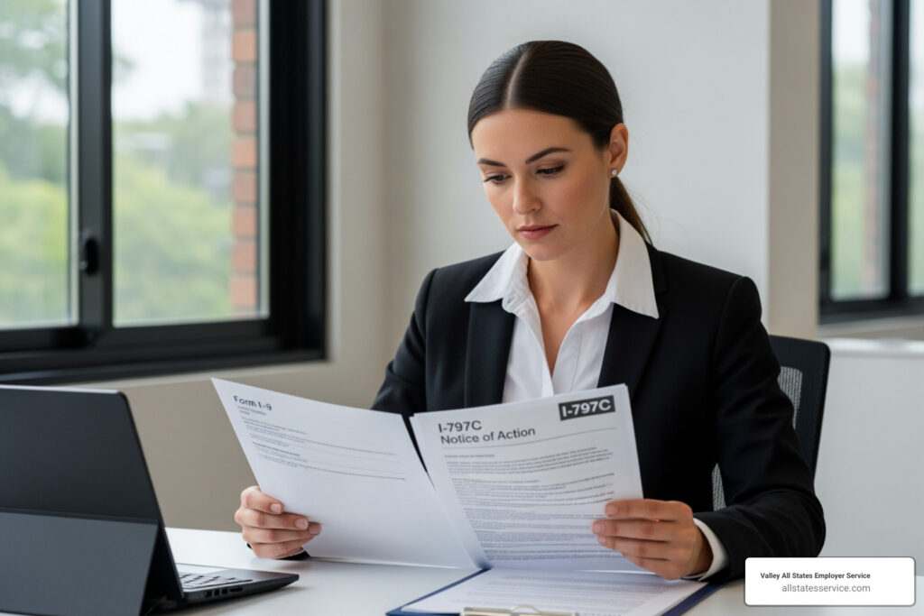 HR professional reviewing Form I-9 and I-797C Notice of Action at desk - i-9 reverification form i-797c