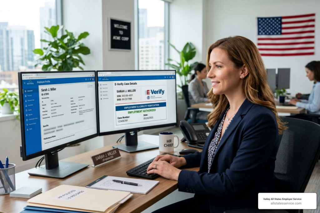 HR professional managing digital employee records and employment eligibility verification - hr compliance e-verify