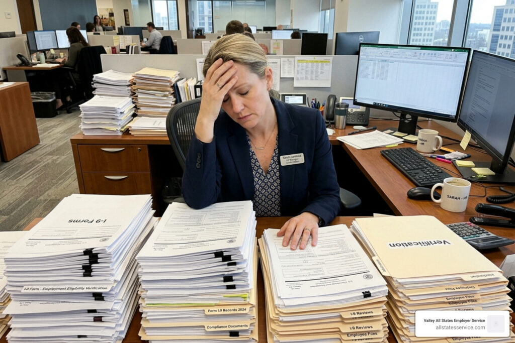 stressed HR manager reviewing stacks of I-9 paperwork on desk - i 9 third party verification